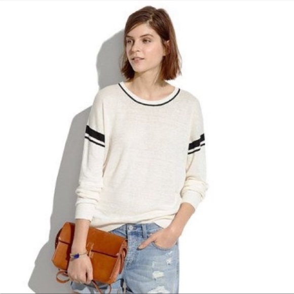 Madewell Sweaters - Madewell Stripe Inset Veracity Linen White & Black Pullover Crewneck Sweater
